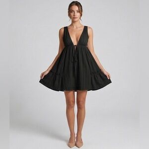 Ethereal 100% Cotton Deep V-Neck Babydoll Mini Dress Black